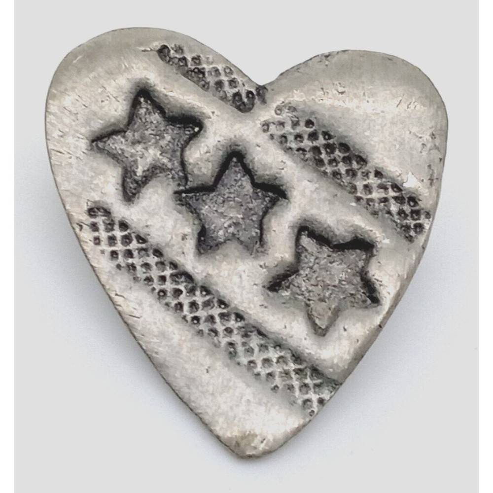 Vintage Heart Brooch Lapel Pin Etched Stars Pewter Silver Tone Valentine's Day